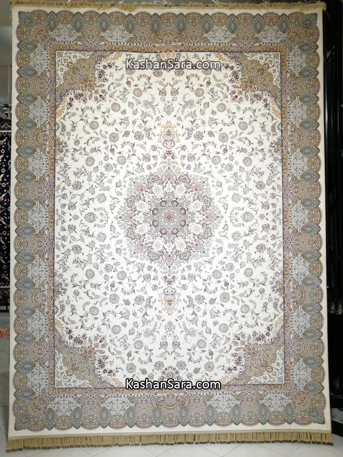 فرش کاشان طرح بهشت کد 3652 کرم حاشیه فیلی 1200 شانه