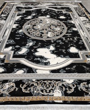 فرش ماشینی نیکا سرمه‌ای مدرن و مقاوم – طرح خاص کاشانسرا